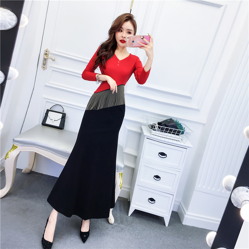 Mermaid temperament long dress package hip V-neck formal dress
