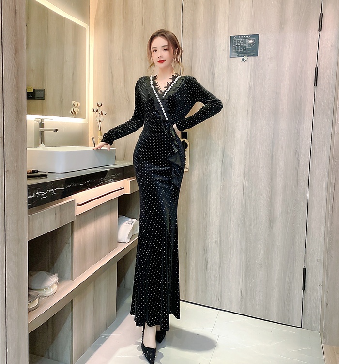 Package hip autumn and winter long dress printing V-neck dress