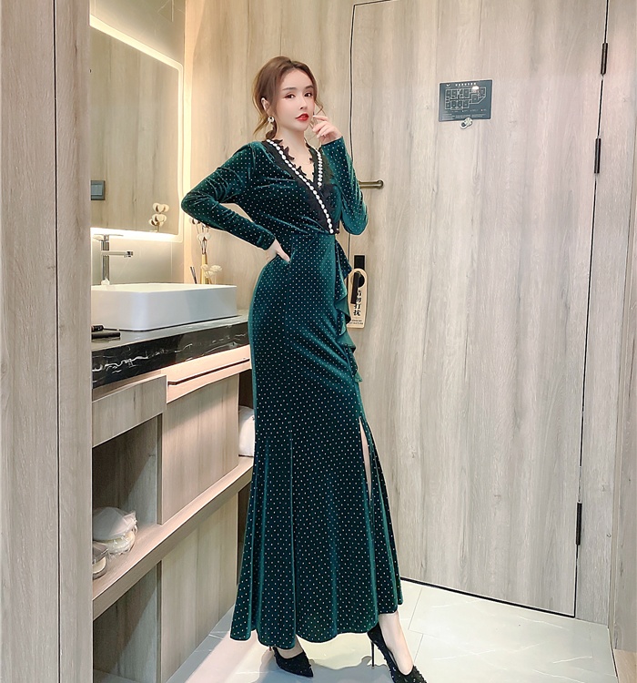 Package hip autumn and winter long dress printing V-neck dress
