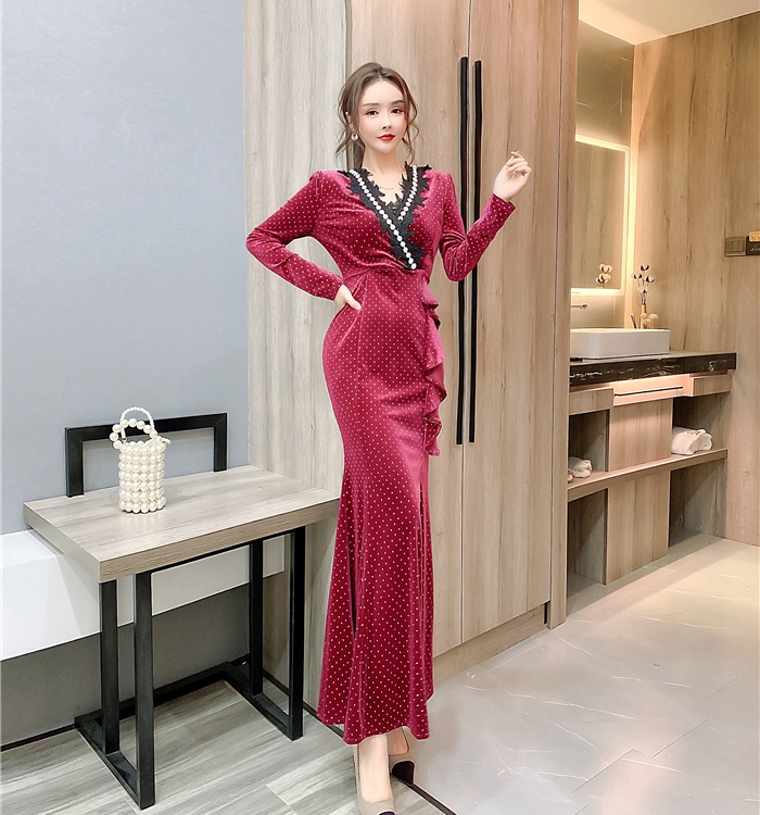 Package hip autumn and winter long dress printing V-neck dress