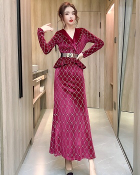 Printing autumn and winter dress fashion lapel formal dress