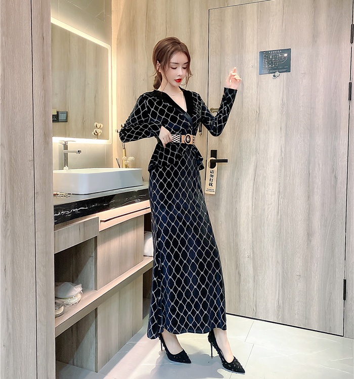 Printing autumn and winter dress fashion lapel formal dress