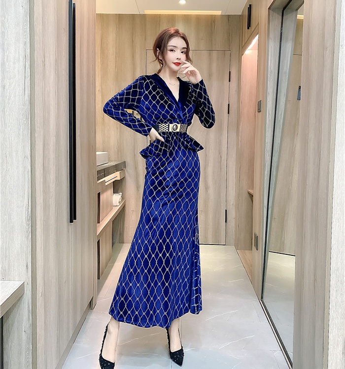 Printing autumn and winter dress fashion lapel formal dress