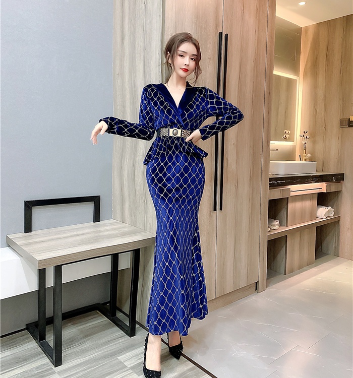 Printing autumn and winter dress fashion lapel formal dress