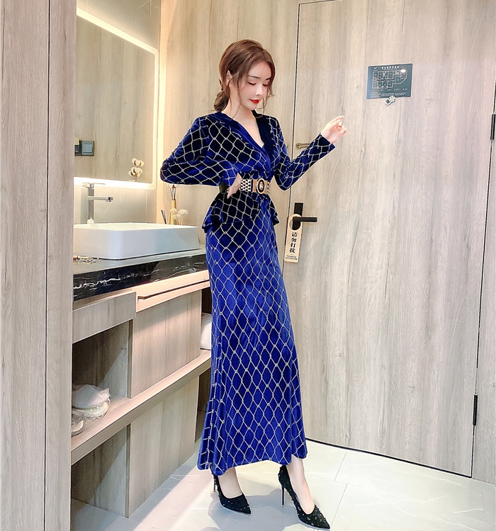 Printing autumn and winter dress fashion lapel formal dress
