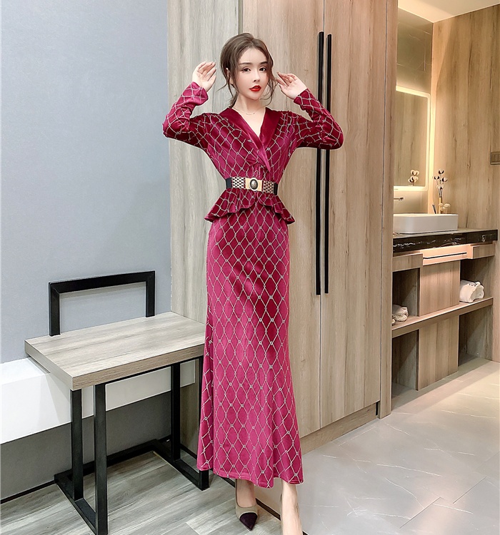 Printing autumn and winter dress fashion lapel formal dress