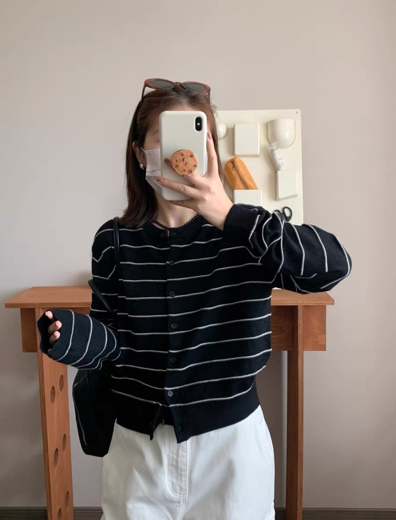 Short France style stripe tops all-match elasticity autumn coat