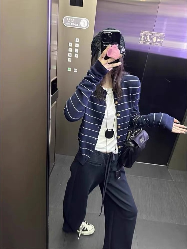 Short France style stripe tops all-match elasticity autumn coat