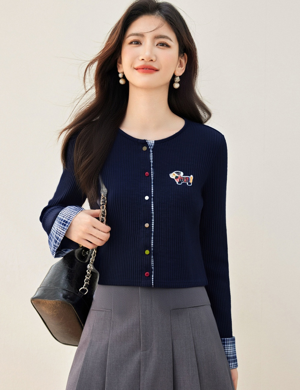 Knitted splice cardigan slim temperament tops