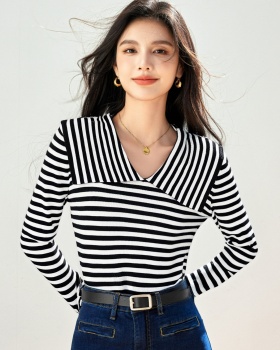 Navy collar lapel bottoming shirt long sleeve tops