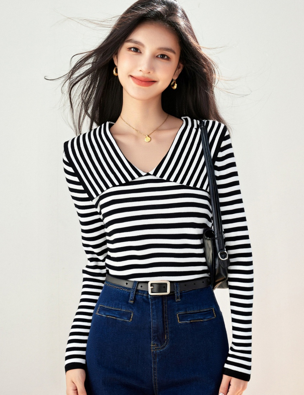 Navy collar lapel bottoming shirt long sleeve tops