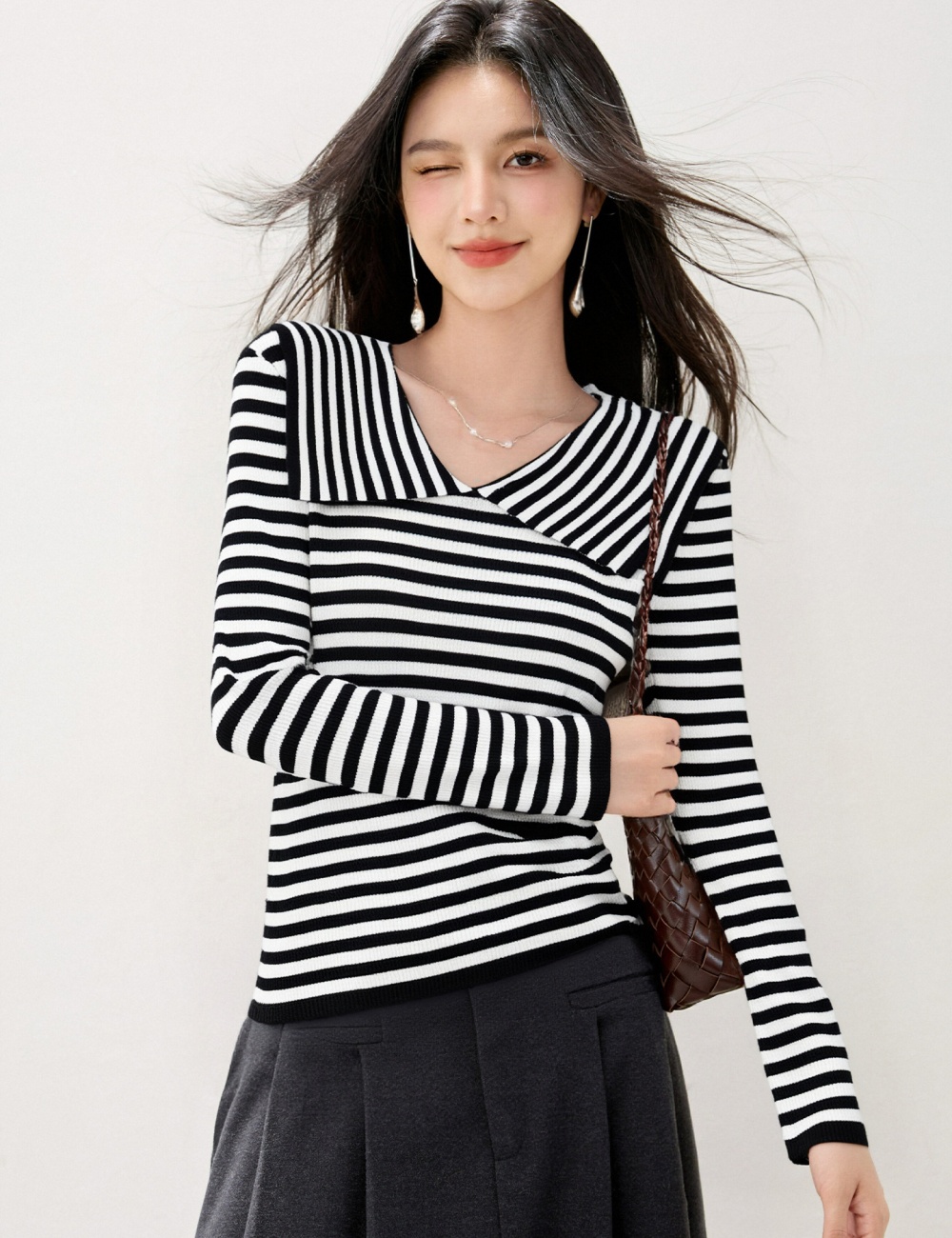Navy collar lapel bottoming shirt long sleeve tops