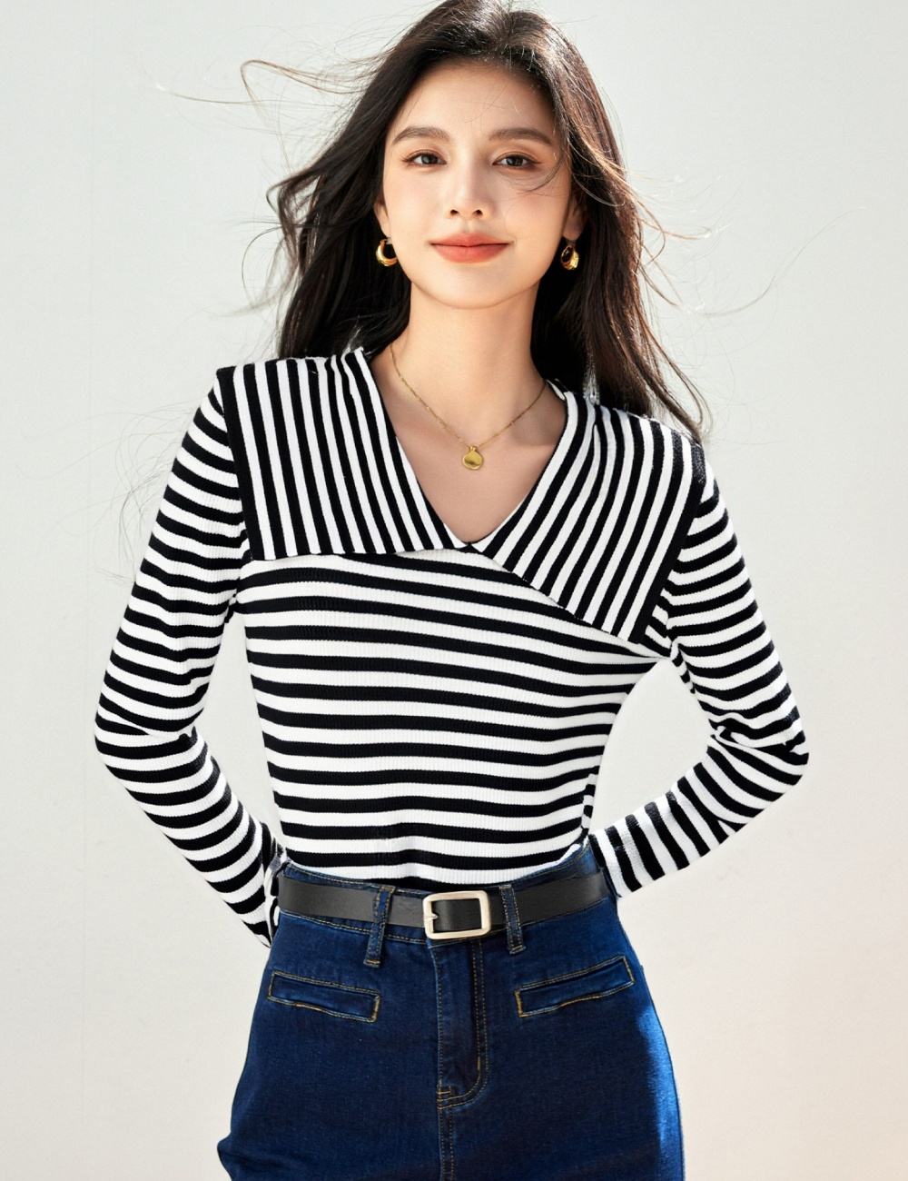 Navy collar lapel bottoming shirt long sleeve tops