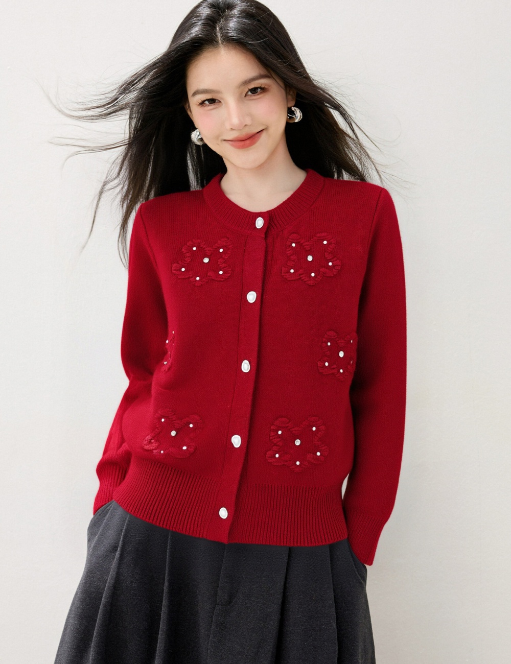 Stereoscopic flowers beading tops round neck autumn sweater