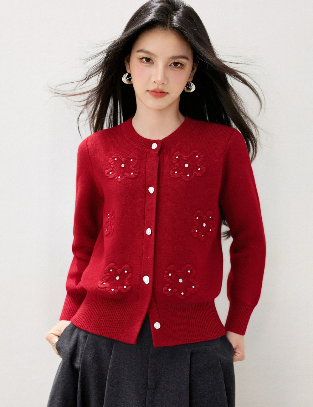 Stereoscopic flowers beading tops round neck autumn sweater