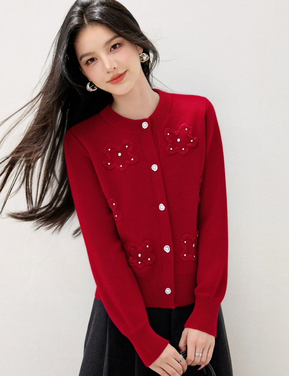 Stereoscopic flowers beading tops round neck autumn sweater