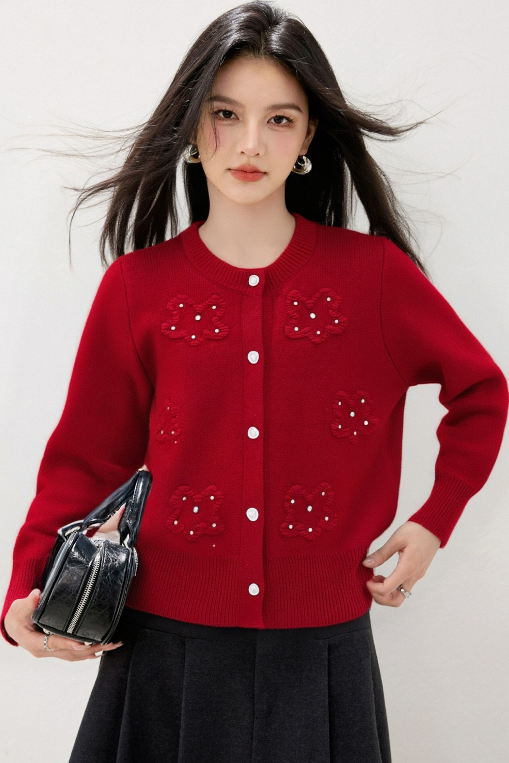 Stereoscopic flowers beading tops round neck autumn sweater