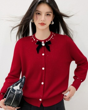 Beading knitted bow coat tender round neck cardigan