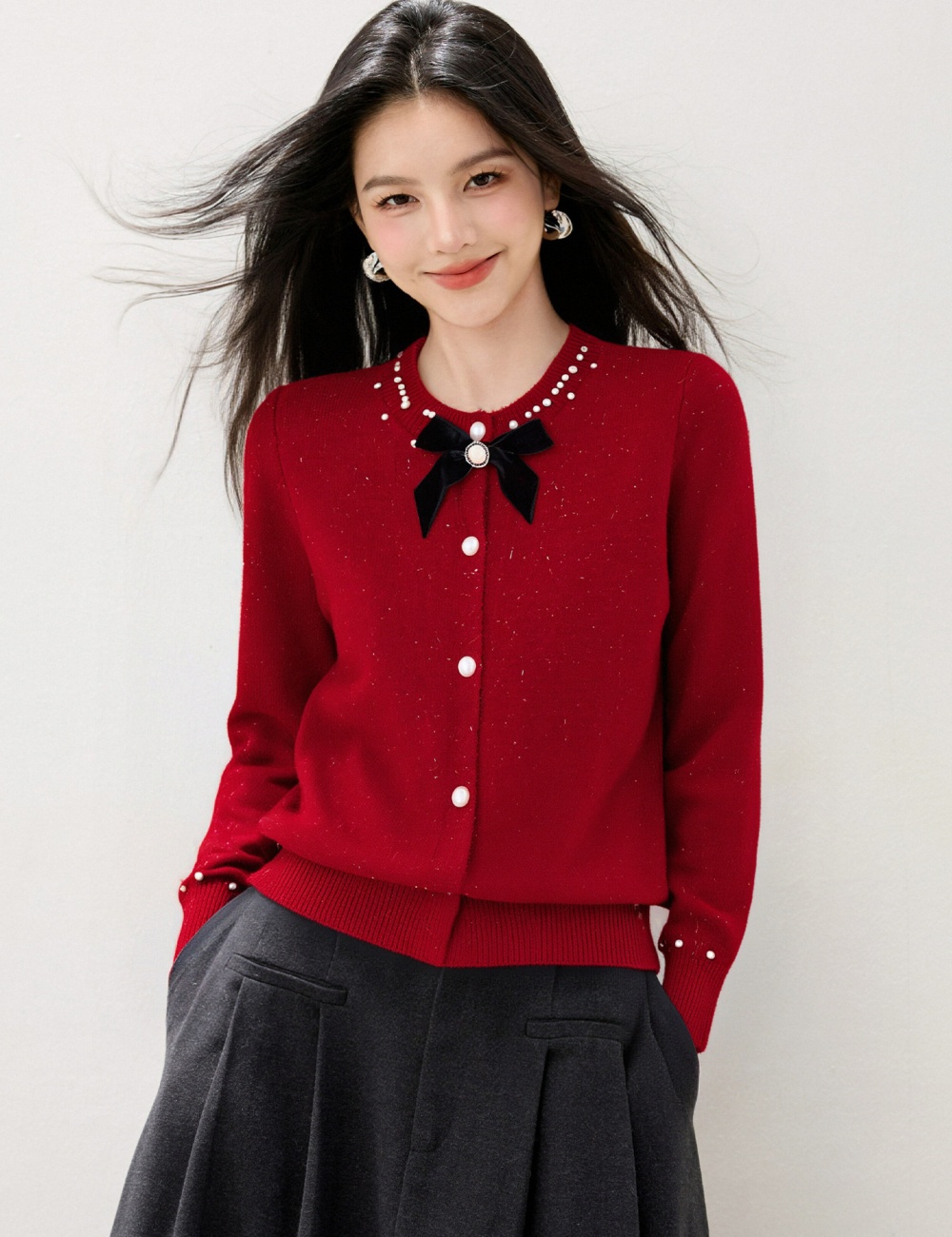 Beading knitted bow coat tender round neck cardigan