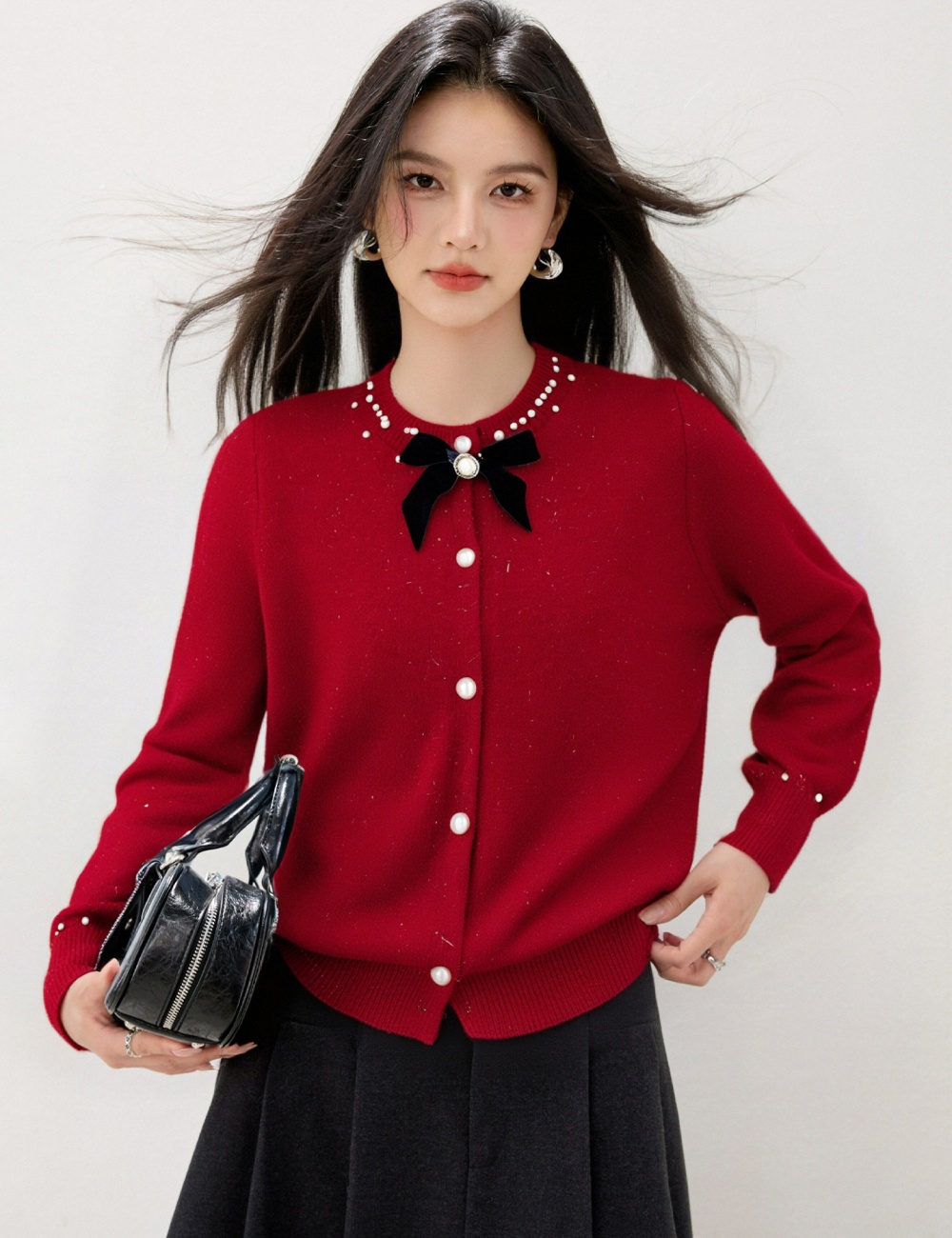 Beading knitted bow coat tender round neck cardigan