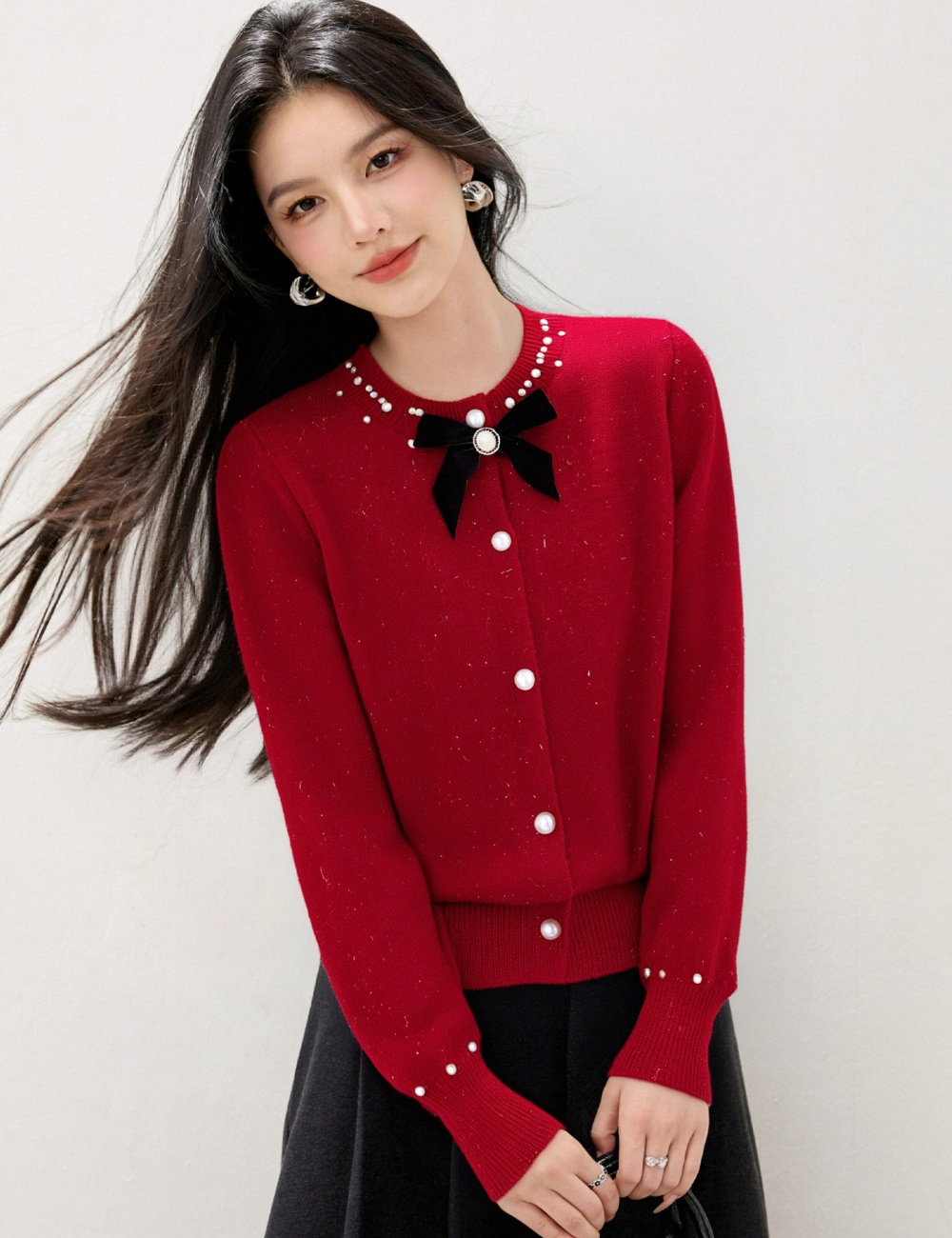 Beading knitted bow coat tender round neck cardigan