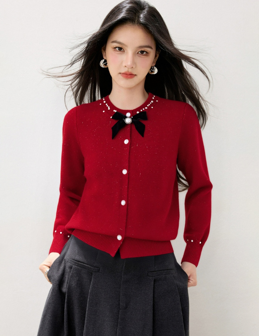 Beading knitted bow coat tender round neck cardigan