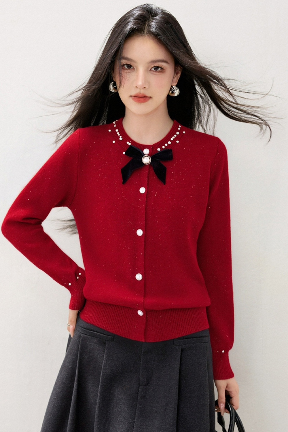 Beading knitted bow coat tender round neck cardigan