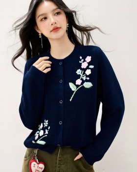 Stereoscopic flowers tops embroidery knitted coat for women