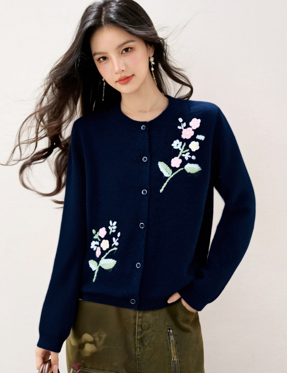 Stereoscopic flowers tops embroidery knitted coat for women