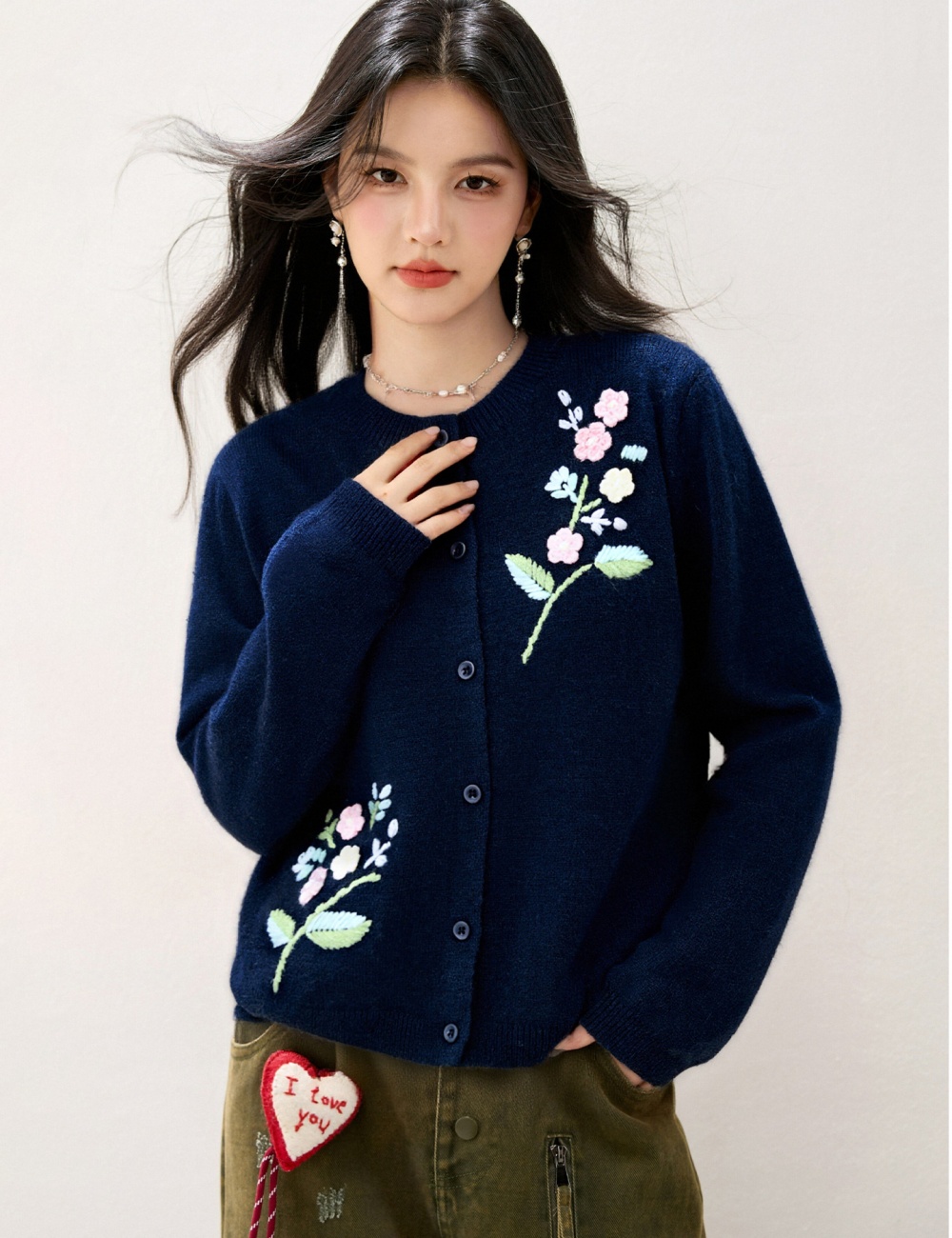 Stereoscopic flowers tops embroidery knitted coat for women