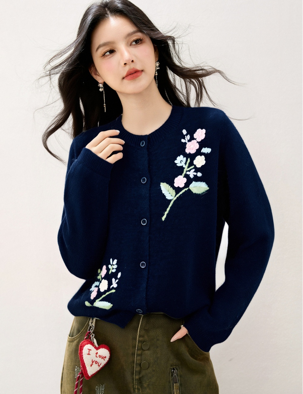 Stereoscopic flowers tops embroidery knitted coat for women