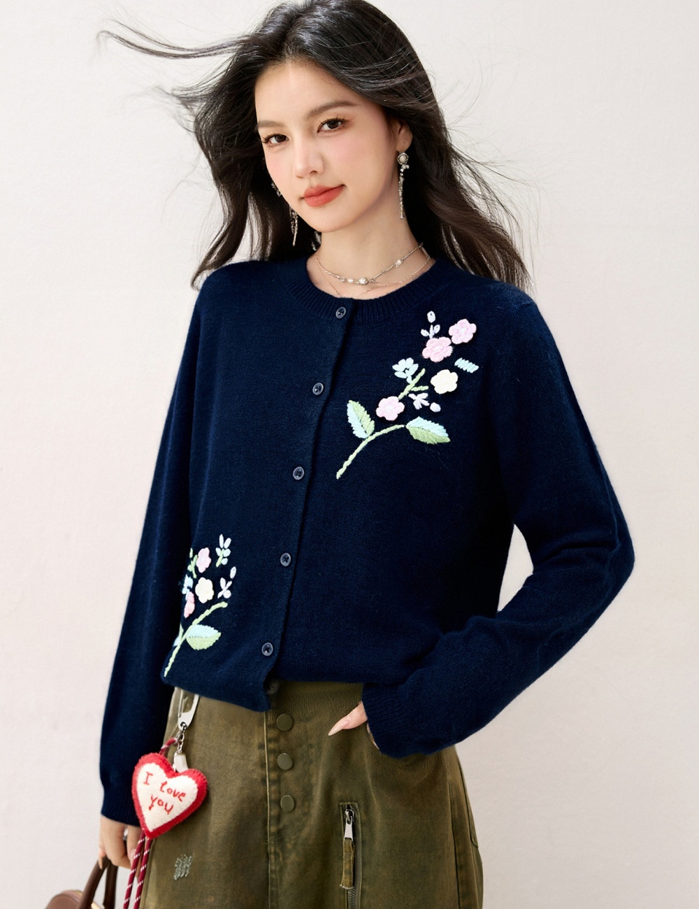 Stereoscopic flowers tops embroidery knitted coat for women