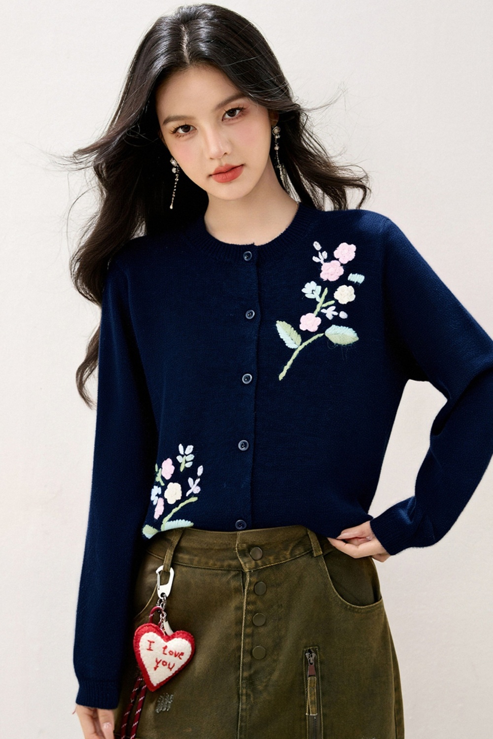 Stereoscopic flowers tops embroidery knitted coat for women