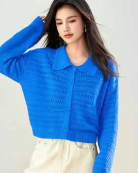 Blue long sleeve cardigan crochet lazy sweater for women