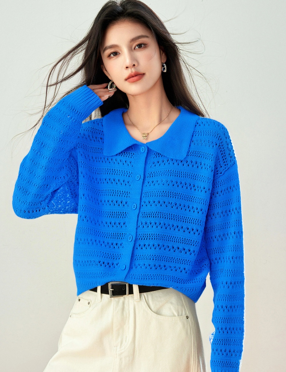 Blue long sleeve cardigan crochet lazy sweater for women