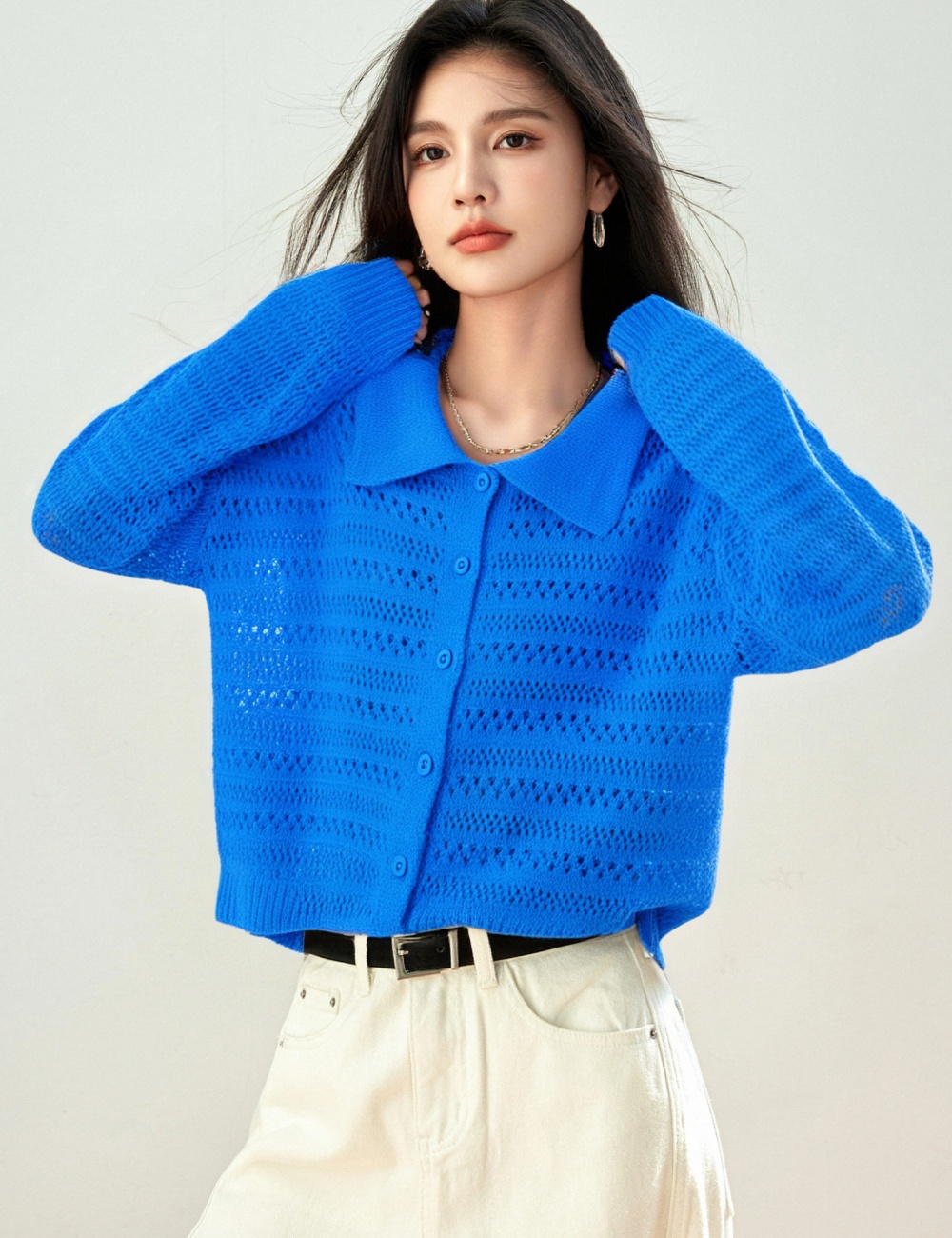 Blue long sleeve cardigan crochet lazy sweater for women