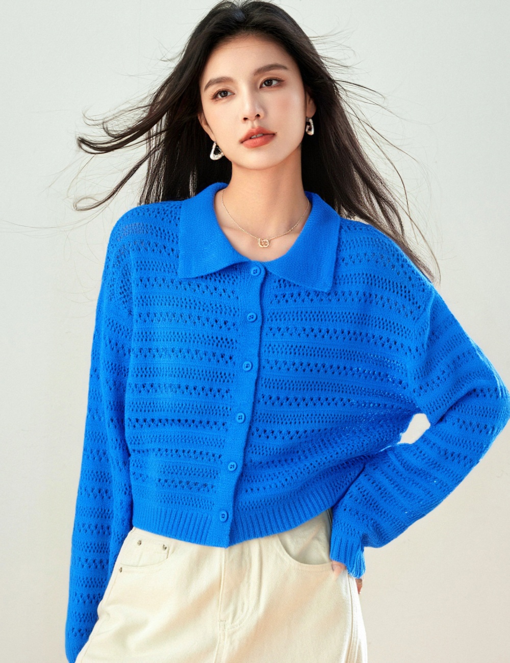 Blue long sleeve cardigan crochet lazy sweater for women