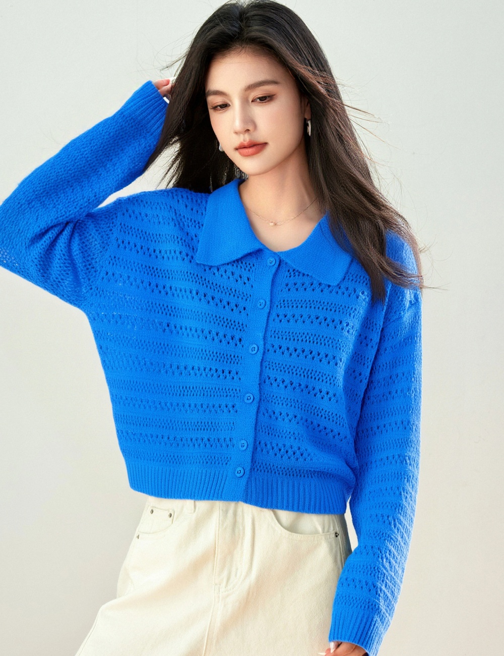 Blue long sleeve cardigan crochet lazy sweater for women