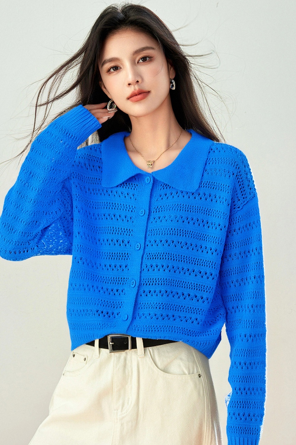 Blue long sleeve cardigan crochet lazy sweater for women
