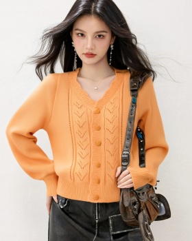 Autumn buckle tops knitted V-neck cardigan for women