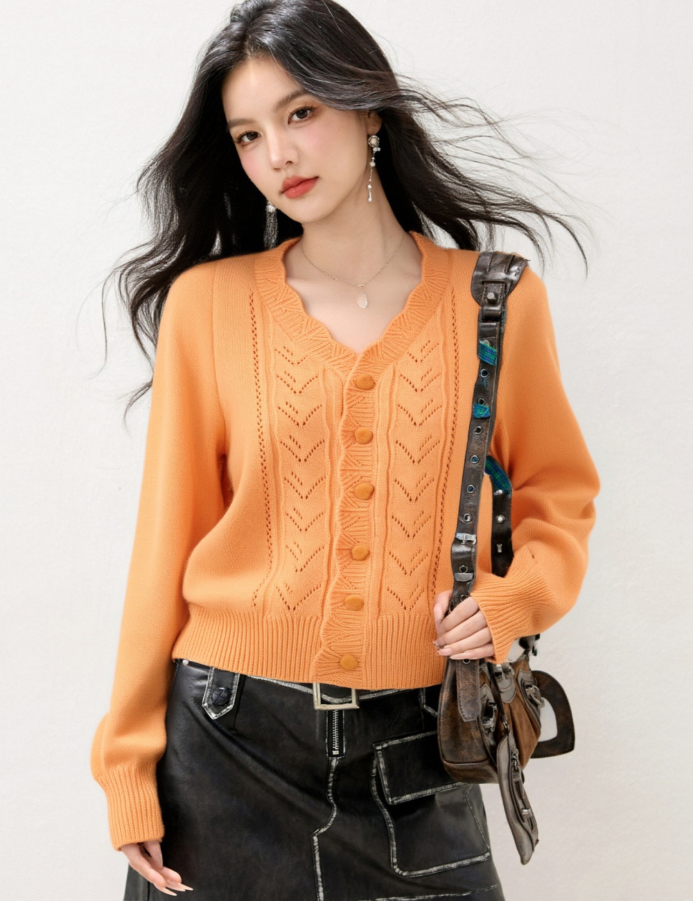 Autumn buckle tops knitted V-neck cardigan for women