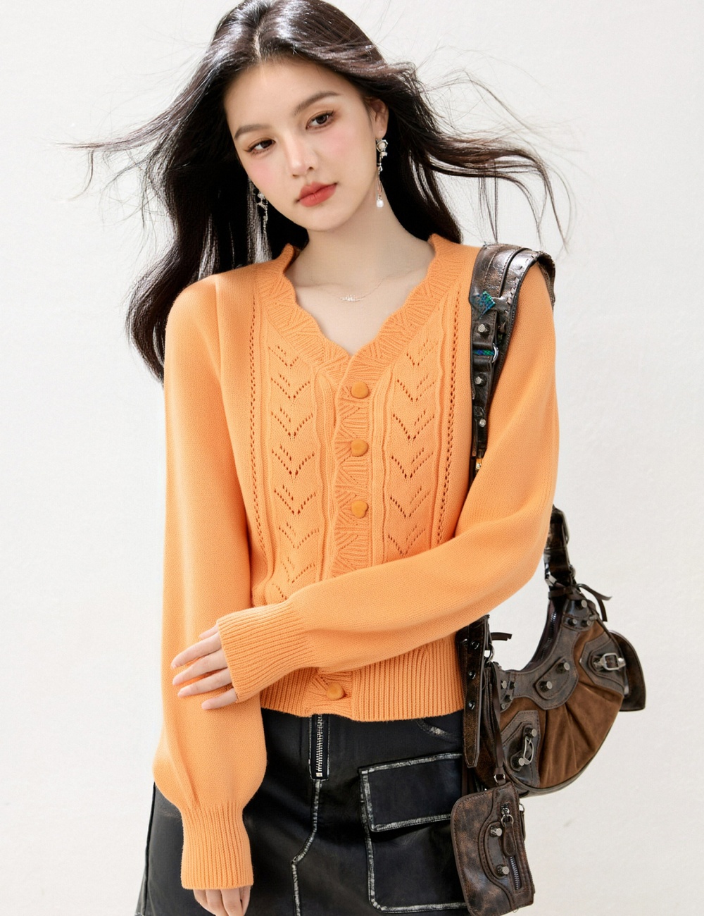 Autumn buckle tops knitted V-neck cardigan for women