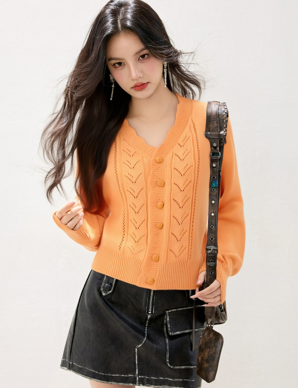 Autumn buckle tops knitted V-neck cardigan for women