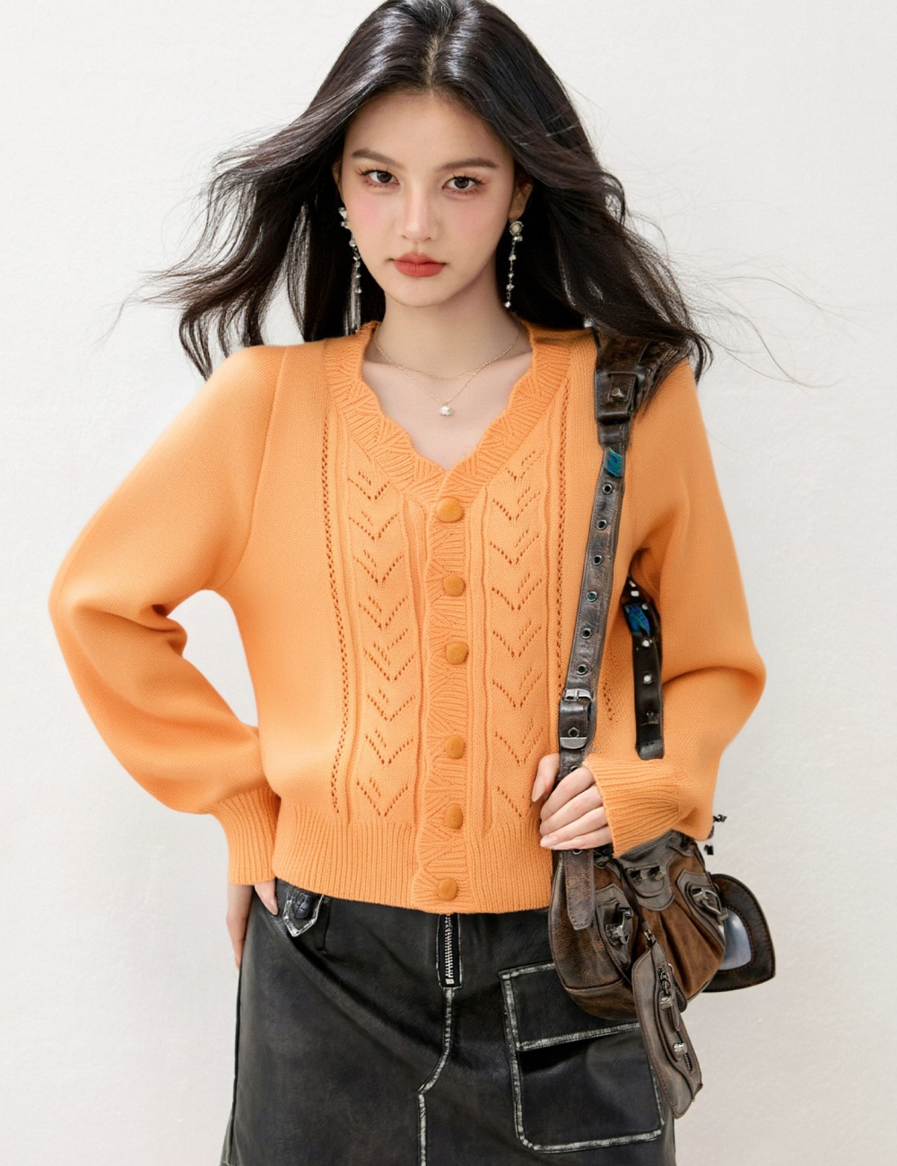 Autumn buckle tops knitted V-neck cardigan for women