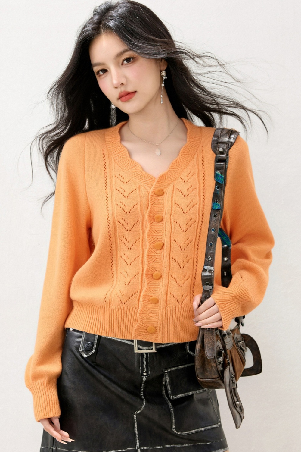 Autumn buckle tops knitted V-neck cardigan for women