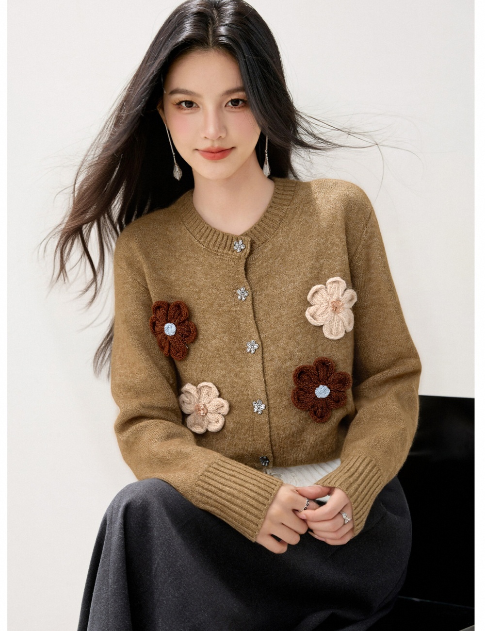 Flowers slim cardigan stereoscopic mixed colors tops