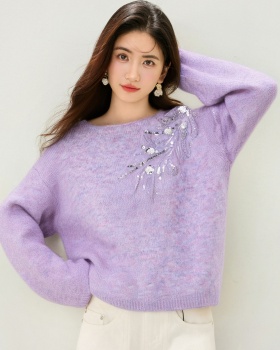 Sequins long sleeve beading tops purple loose sweater