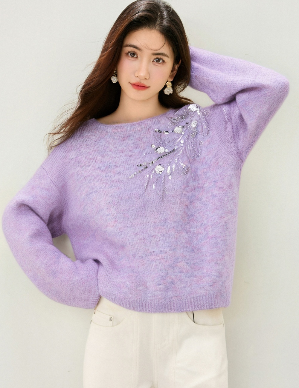Sequins long sleeve beading tops purple loose sweater