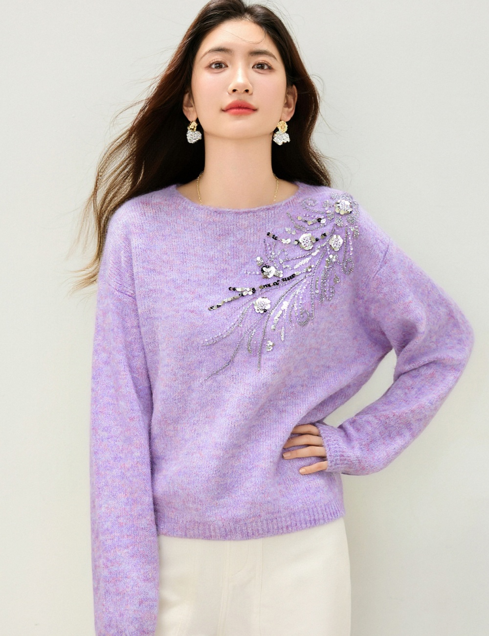 Sequins long sleeve beading tops purple loose sweater
