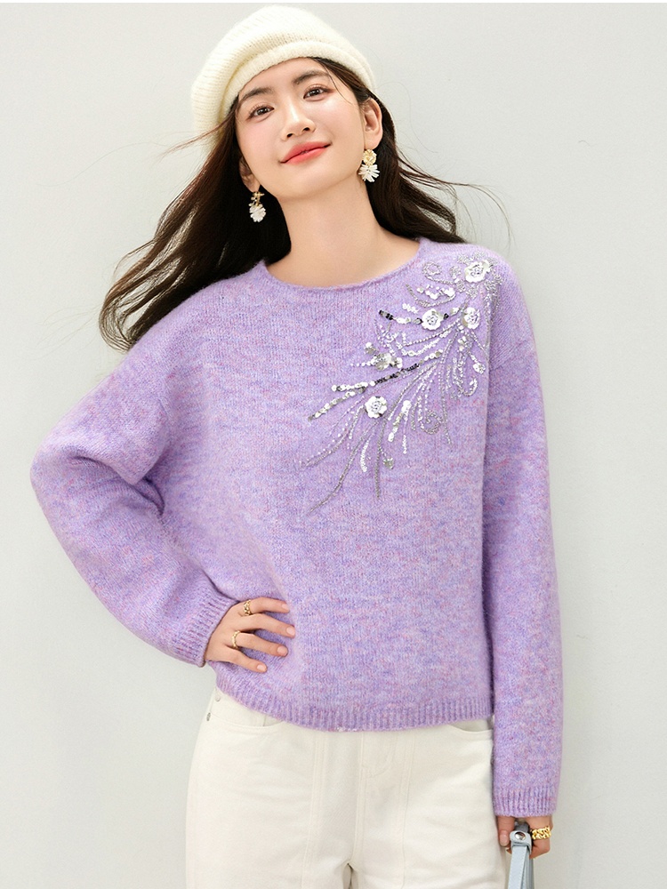Sequins long sleeve beading tops purple loose sweater